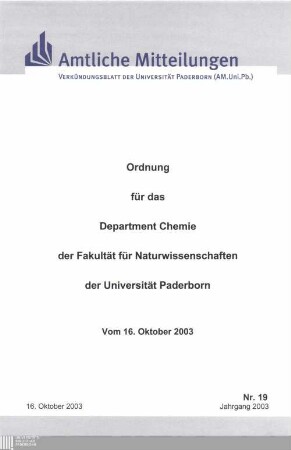 Ordnung für das Department Chemie der Fakultät für Naturwissenschaften der Universität Paderborn : vom 16. Oktober 2003