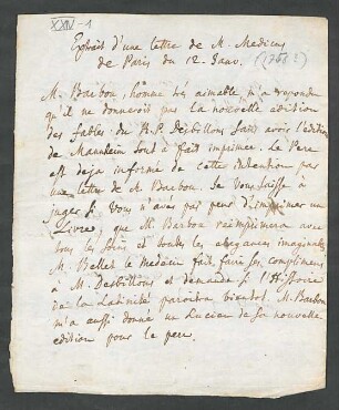 [Brief von Andreas Lamey an François-Joseph Terrasse Desbillons mit dem Extrakt eines Briefes von M. Medicus]