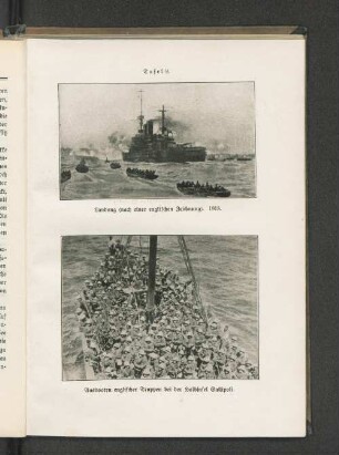 Tafel 9. Landung (nach einer englischen Zeichnung). 1915. und Ausbooten englischer Truppen bei der Halbinsel Gallipoli.