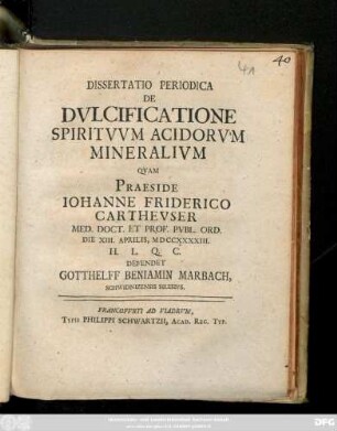 Dissertatio Periodica De Dvlcificatione Spiritvvm Acidorvm Mineralivm