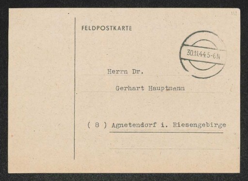 Brief von Erhart Kästner an Gerhart Hauptmann