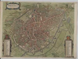 Stadtplan von Brüssel, kolorierter Kupferstich, um 1682 : Bruxella. - [Ca. 1: 6400] / [Amsterdam] : [Bÿ d' Erfsgenamen van Joannes Janssonius van Waesberge], [1682]. - 1 Vogelschaukarte ; 55,0 x 42,0 cm. - Mit 1 Wappen. - Mit Gebäudeverz. - Wahrscheinlich aus: Tooneel der Vermaarste Koop-Steden en Handel-plaatsen van de geheele Wereld [Tooneel der Vermaarste Koop-Steden en Handel-plaatsen van de geheele Wereld / 1] / Waesberger, Johann. - Amsterdam : Bÿ d' Erfsgenamen van Joannes Janssonius van Waesberge, 1682