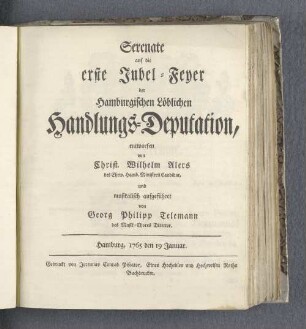 Serenate auf die erste Jubel-Feyer der Hamburgischen Löblichen Handlungs-Deputation (...)
