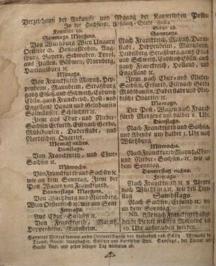 Verzeichnuß der Ankunfft und Abgang der Kayserlichen Posten in der Hochfürstl. Residentz-Stadt Fulda.