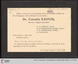 Briefe von Cornelis Easton an Max Wolf: Todesanzeige Cornelis Easton 1929
