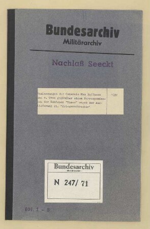 Auslassungen der Generale Max Hoffmann und von Oven gegenüber einem Korrespondenten der Londoner "Times" wegen der Auslieferung deutscher "Kriegsverbrecher"