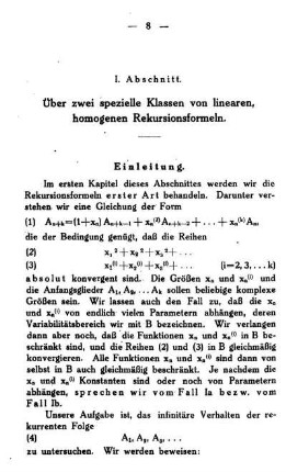 I. Abschnitt - Über zwei spezielle Klassen von linearen, homogenen Rekursionsformeln.