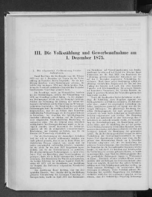 III. Die Volkszählung und Gewebeaufnahme am 1. Dezember 1875.
