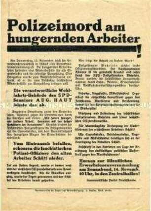 Flugblatt der KPD mit dem Aufruf zu einer Arbeitslosen-Versammlung nach dem Mord an einem Arbeiter durch die Polizei