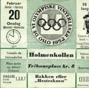 Eintrittskarte für die VI. Olympischen Winterspiele in Oslo 1952