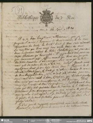 Eigenh. Brief auf Vordruck von Abel Rémusat an August Wilhelm von Schlegel, Paris, 14.08.1824