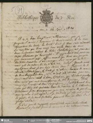 Eigenh. Brief auf Vordruck von Abel Rémusat an August Wilhelm von Schlegel, Paris, 14.08.1824