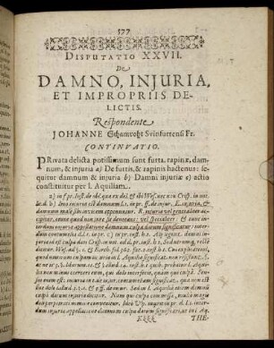 Disputatio XXVII. De Damno, Injuria Et Impropriis Delictis.