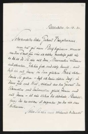 Brief von Rudolf G. Binding an Gerhart Hauptmann
