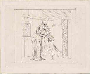 Zu Goethes "Faust": Blatt 17 (15): Gartenhäuschen (Faust küsst Gretchen, Mephisto und Marthe hinter der Tür)