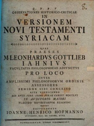 Observationes Historico-Criticae In Versionem Novi Testamenti Syriacam