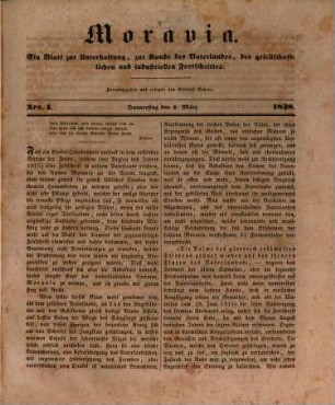 Moravia : ein Blatt zur Unterhaltung, zur Kunde des Vaterlandes, des gesellschaftlichen und industriellen Fortschrittes. 1, 1. 1839 = Nr. 1-105