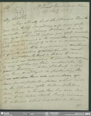 Eigenh. Brief von Alexander Johnston an August Wilhelm von Schlegel, London, 19.07.1829