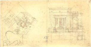 Thiersch, August ; Alexandria (Ägypten); Serapeum von Alexandria, Rekonstruktion des Sarapistempels - Teilgrundriss, Ansicht, Vogelperspektive, Detail
