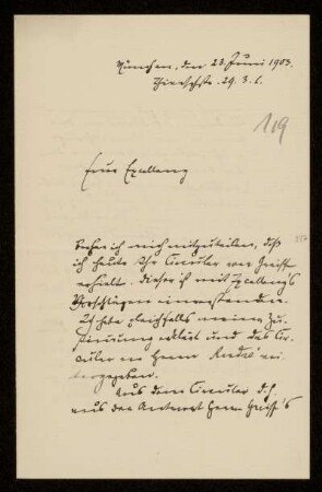 119: Brief von Karl von Unzer an Gottlieb Planck, München, 23.6.1903