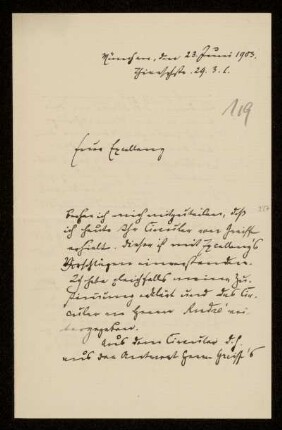 119: Brief von Karl von Unzer an Gottlieb Planck, München, 23.6.1903