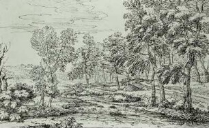 Baumreiche Landschaft mit Wasser und Brücke