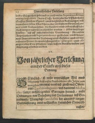 XV. Von jährlicher Verlesung etlicher Stücke auß dieser Ordnung.