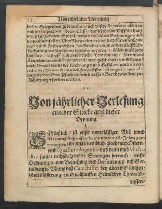 XV. Von jährlicher Verlesung etlicher Stücke auß dieser Ordnung.