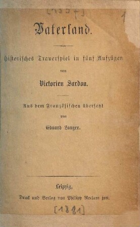 Vaterland : historisches Trauerspiel in fünf Aufzügen