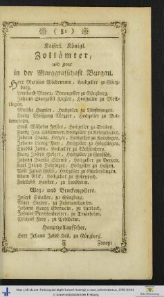 Kaiserl. Königl. Zollämter, und zwar in der Margraffschaft Burgau.