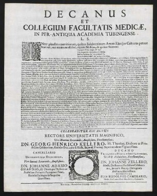 Decanus Et Collegium Facultatis Medicae, In Per-Antiqua Academia Tubingensi. L. S.