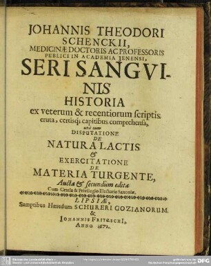 Seri Sangvinis Historia ex veterum & recentiorum scriptis, eruta, certisq[ue] capitibus comprehens, ...