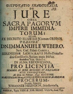 Disputatio Inauguralis De Jure Circa Sacra Pagorvm Imperii Immediatorum