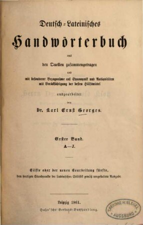 Lateinisch-deutsches und deutsch-lateinisches Handwörterbuch. 1. Band, Lateinisch-Deutscher Theil
