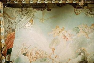 Aurora im achtspännigen Wagen, gefolgt von Apoll in seinem Wagen, umgeben von Chronos, der stürzenden Finsternis, den vier Erdteilen, den vier Jahreszeiten und dem Zodiakus