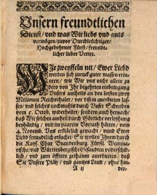 Copia Schreibens von Ihr Churfürstl. Durchl. Hertzogen zu Sachsen an Herren Generalissimum Pfaltzgraven abgangen