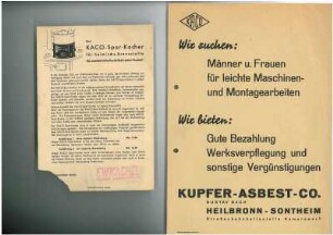 Flugblatt der Fa. Kupfer-Asbest-Co (Kaco) "Wir suchen: Männer und Frauen für leichte Maschinen- und Montagearbeiten"