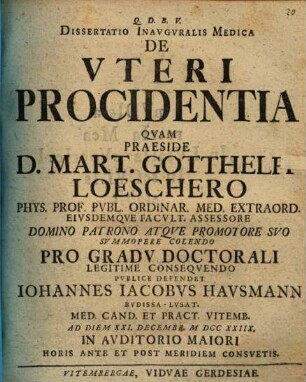 Dissertatio Inavgvralis Medica De Vteri Procidentia