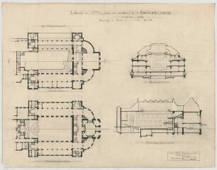 Thiersch, Friedrich von; Frankfurt / Main (Hessen); Festhalle - Musikhalle Hamburg (Grundriss EG, Grundriss 1. OG, Querschnitt, Längsschnitt)