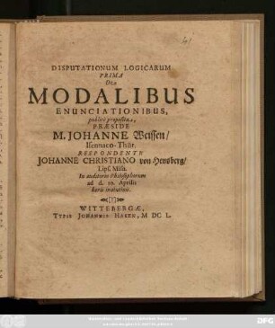 Disputationum Logicarum Prima De Modalibus Enunciationibus