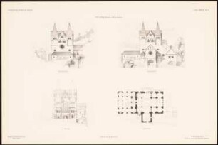 Wallfahrts-Kirche: Seitenansicht, Längsschnitt, Querschnitt, Grundriss (aus: Entwürfe von Mitgl. d. AVB, Neue Folge 1898/99)