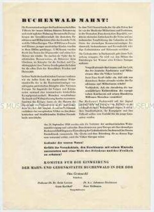 Aufruf des Komitees für die Einweihung der Mahn- und Gedenkstätte Buchenwald, anlässlich der Einweihung der KZ-Gedenkstätte