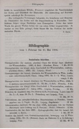 Bibliographie vom 1. Februar bis 31. Mai 1886.