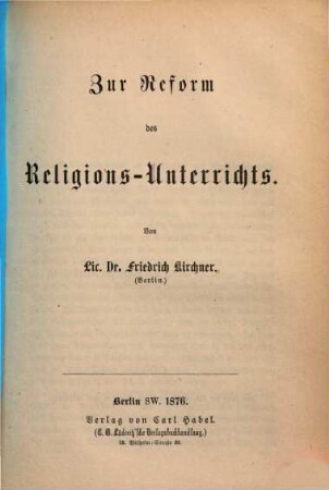 Zur Reform des Religions-Unterrichts