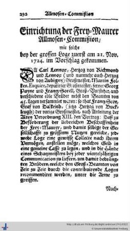 Die Einrichtung der Frey-Maurer Allmosen-Commission