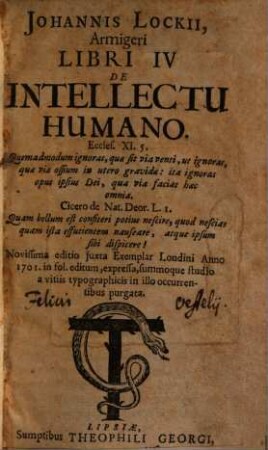 Iohannis Lockii, Armigeri Libri IV De Intellectu Humano