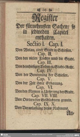Register Der fürnehmsten Sachen, so in jedweden Capitel enthalten