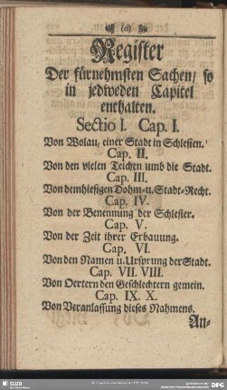 Register Der fürnehmsten Sachen, so in jedweden Capitel enthalten