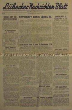 Mitteilungsblatt der britischen Militärregierung "Lübecker Nachrichten-Blatt" u.a. über die "Reichskristallnacht" im November 1938