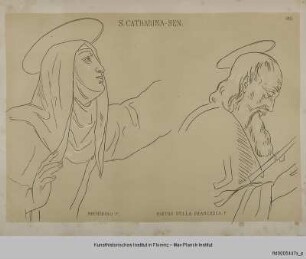 Kopf der Heiligen Katharina von Siena, während sie die Stigmata empfängt (nach Beccafumis Gemälde in der Pinacoteca in Siena) und Oberkörper eines Apostels (nach Piero della Francesca im Dom zu Urbino)